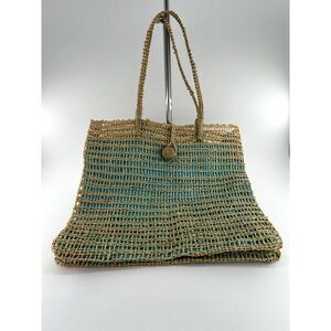 Jute Tote Aqua Polyester Fabric Lining With Interior Pocket Wood Button Closure
